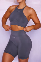 Seamless High Neckline Crop Top in Grey