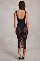 Sheer Lace Scalloped Plunge Bodysuit Midaxi Dress in Black