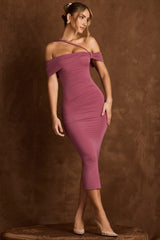 Off-Shoulder Draped Midaxi Dress in Rose Brown