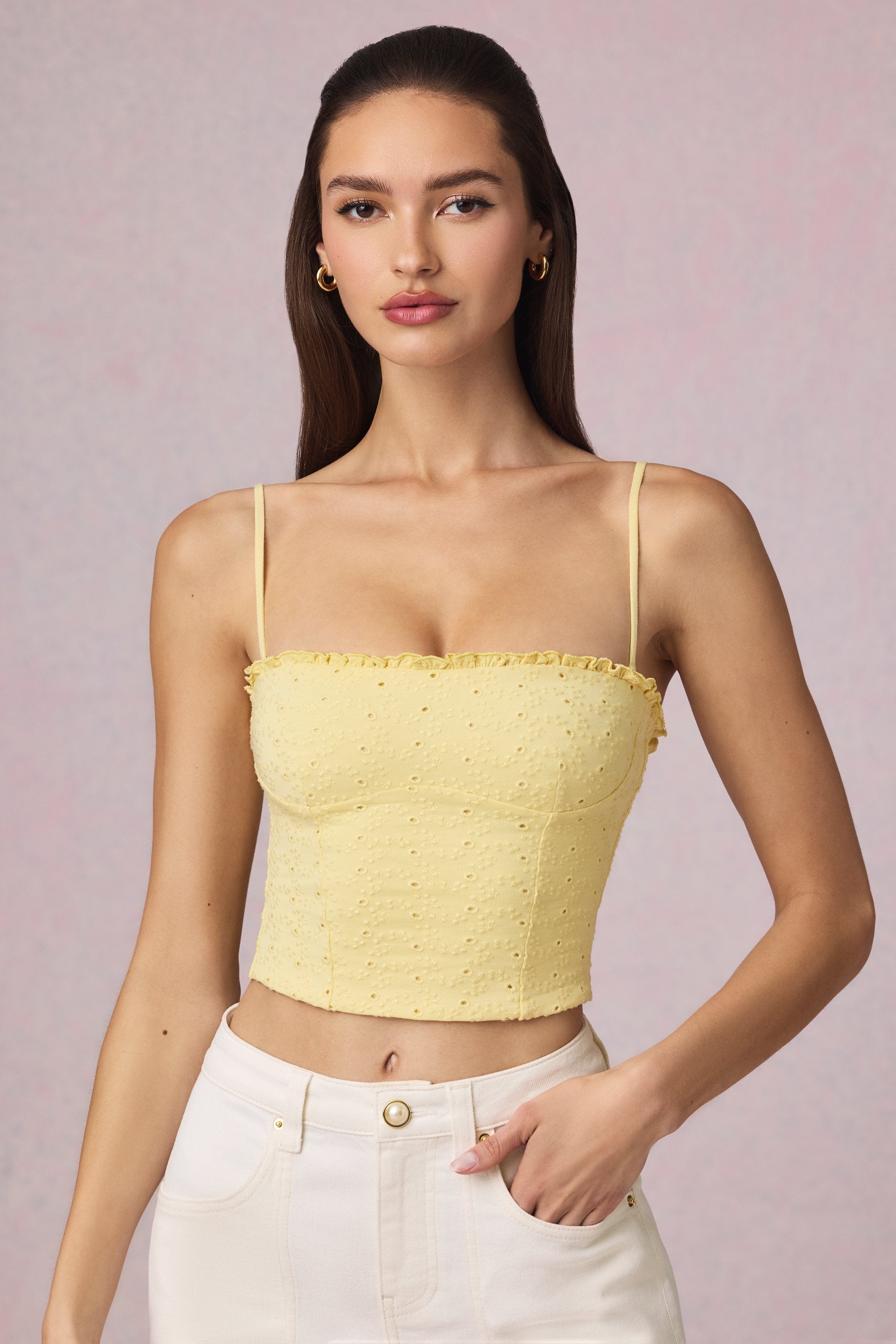 Modal Broderie Anglaise Camisole Top in Lemon Yellow