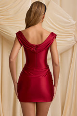 Satin Off-Shoulder Draped Mini Dress in Rouge