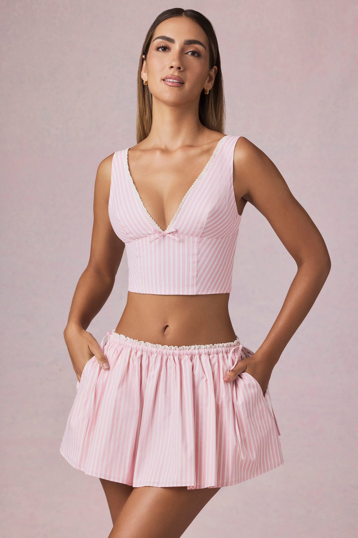 Ruched Drawstring Mini Skirt in Soft Mauve Stripe