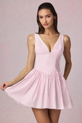 Bow-Detail A-Line Mini Dress in Soft Mauve Stripe