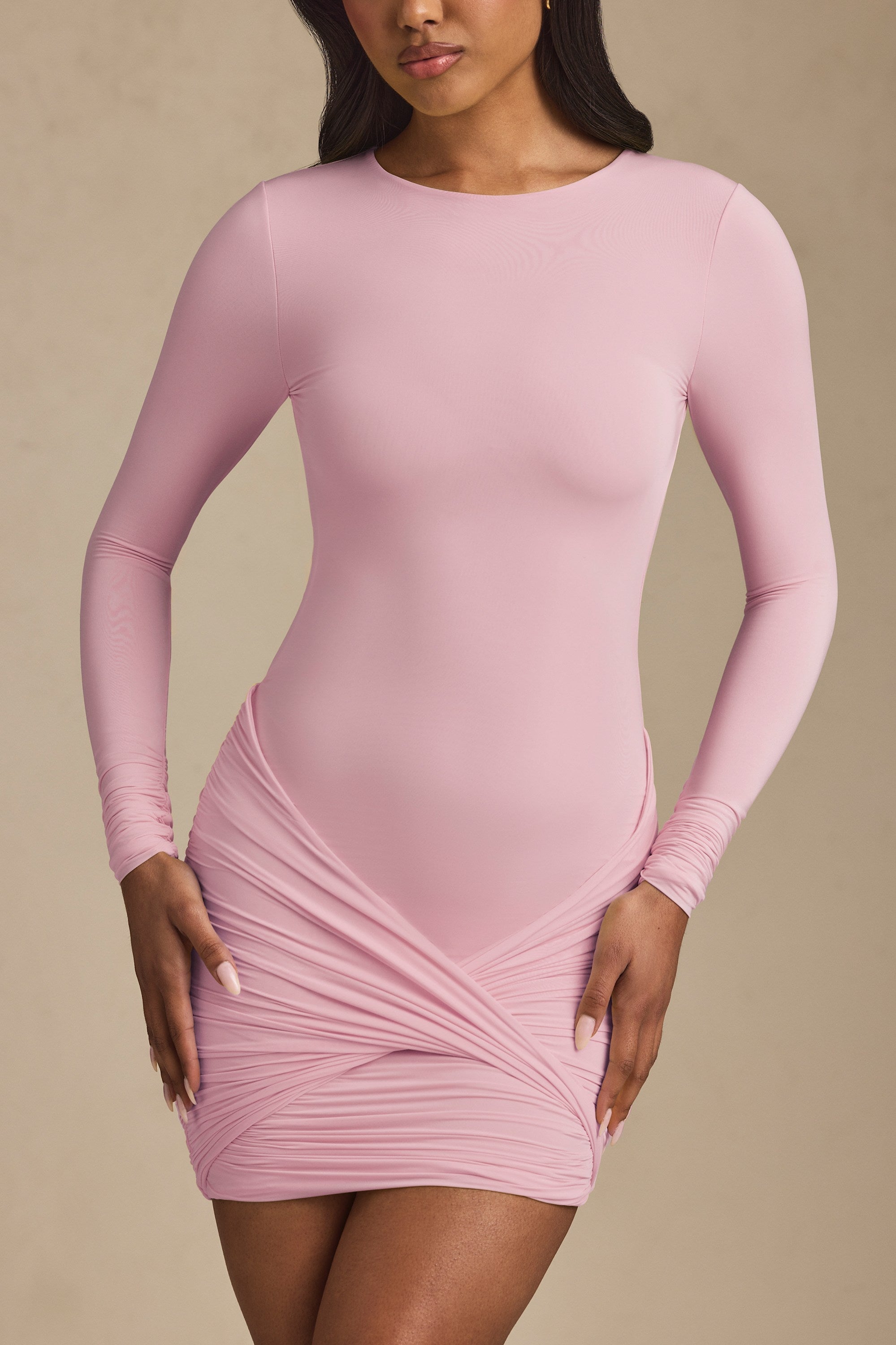 Modal Twist-Front Ruched Backless Mini Dress in Soft Pink