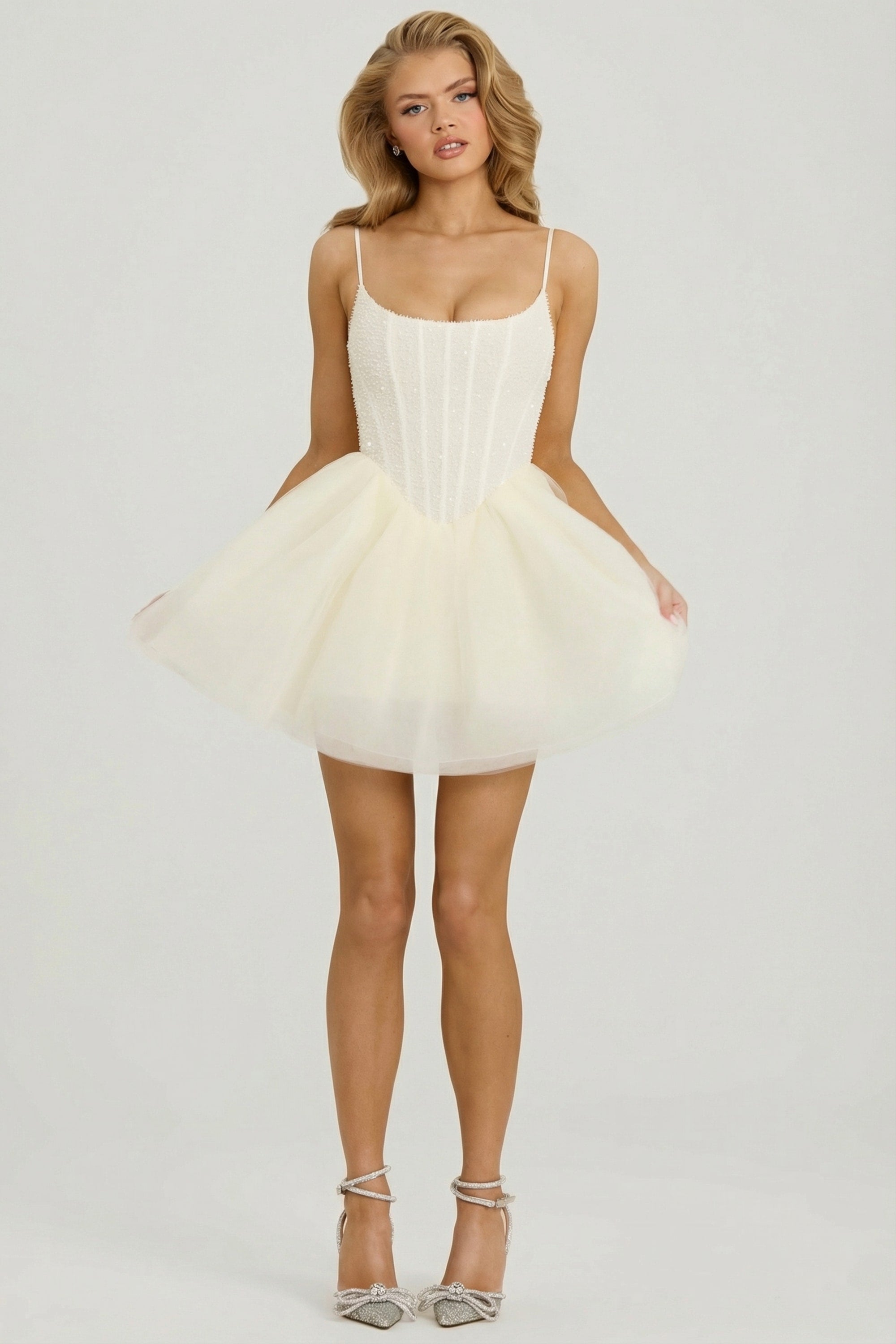 Embellished Corset Tulle Skirt Mini Dress in White