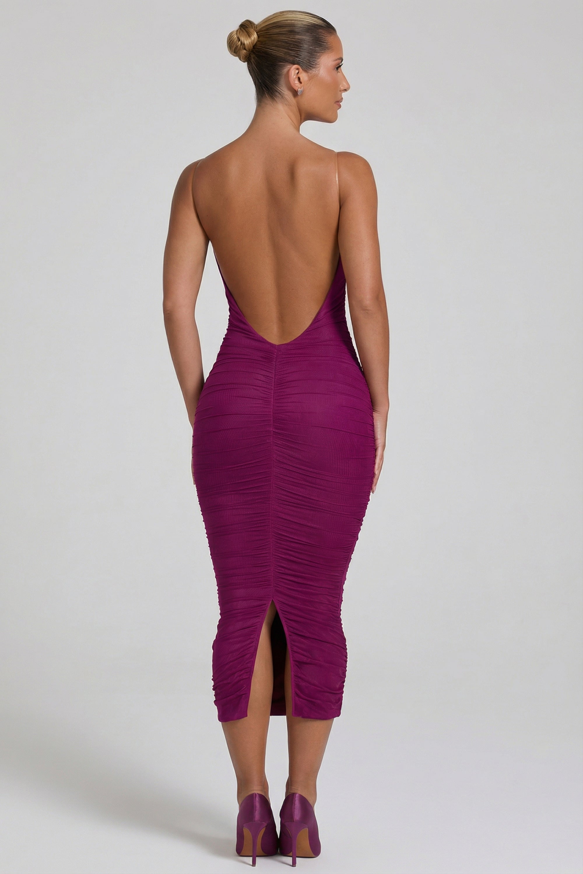 Ruched Backless Bodycon Midaxi Dress in Plum
