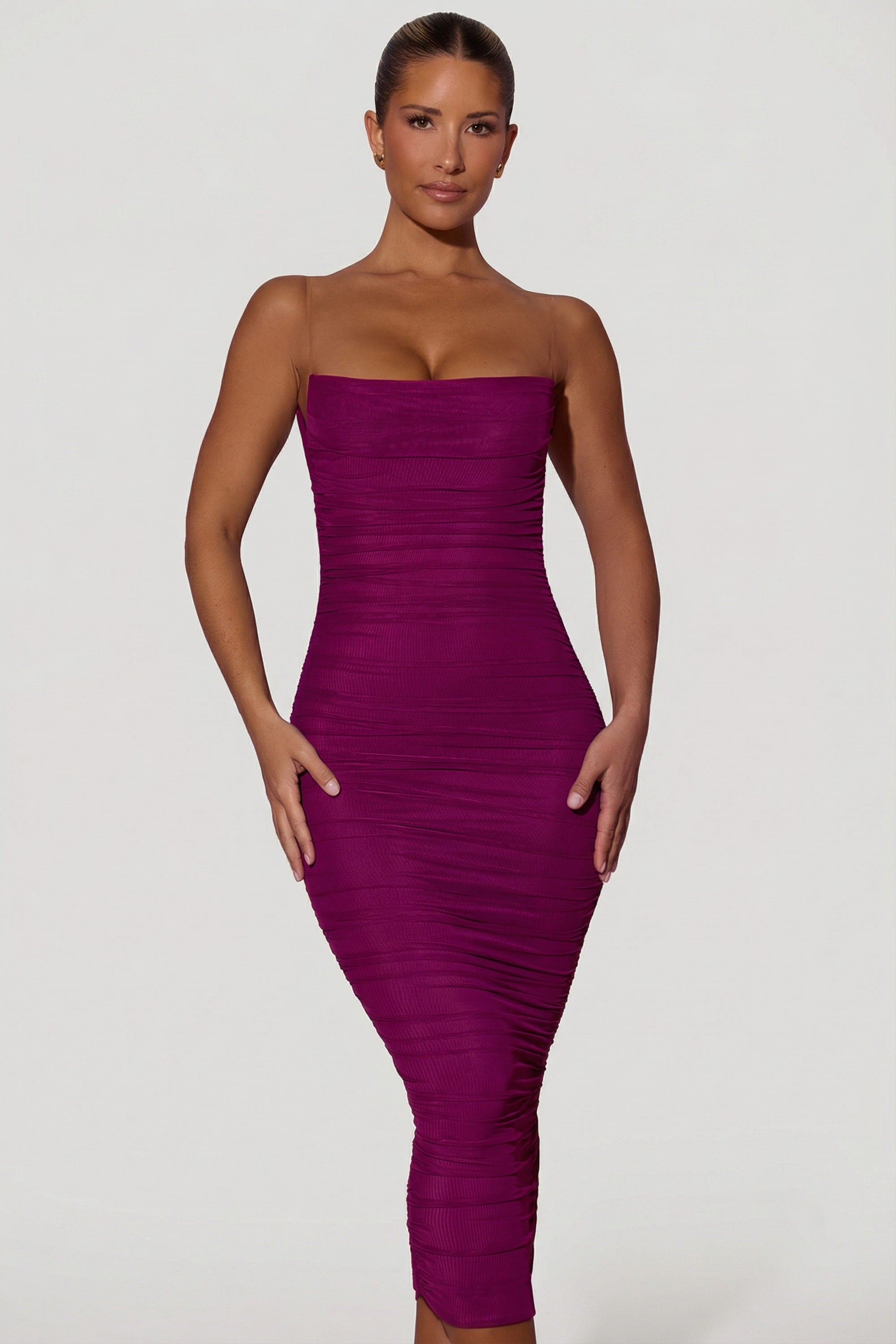 Ruched Backless Bodycon Midaxi Dress in Plum