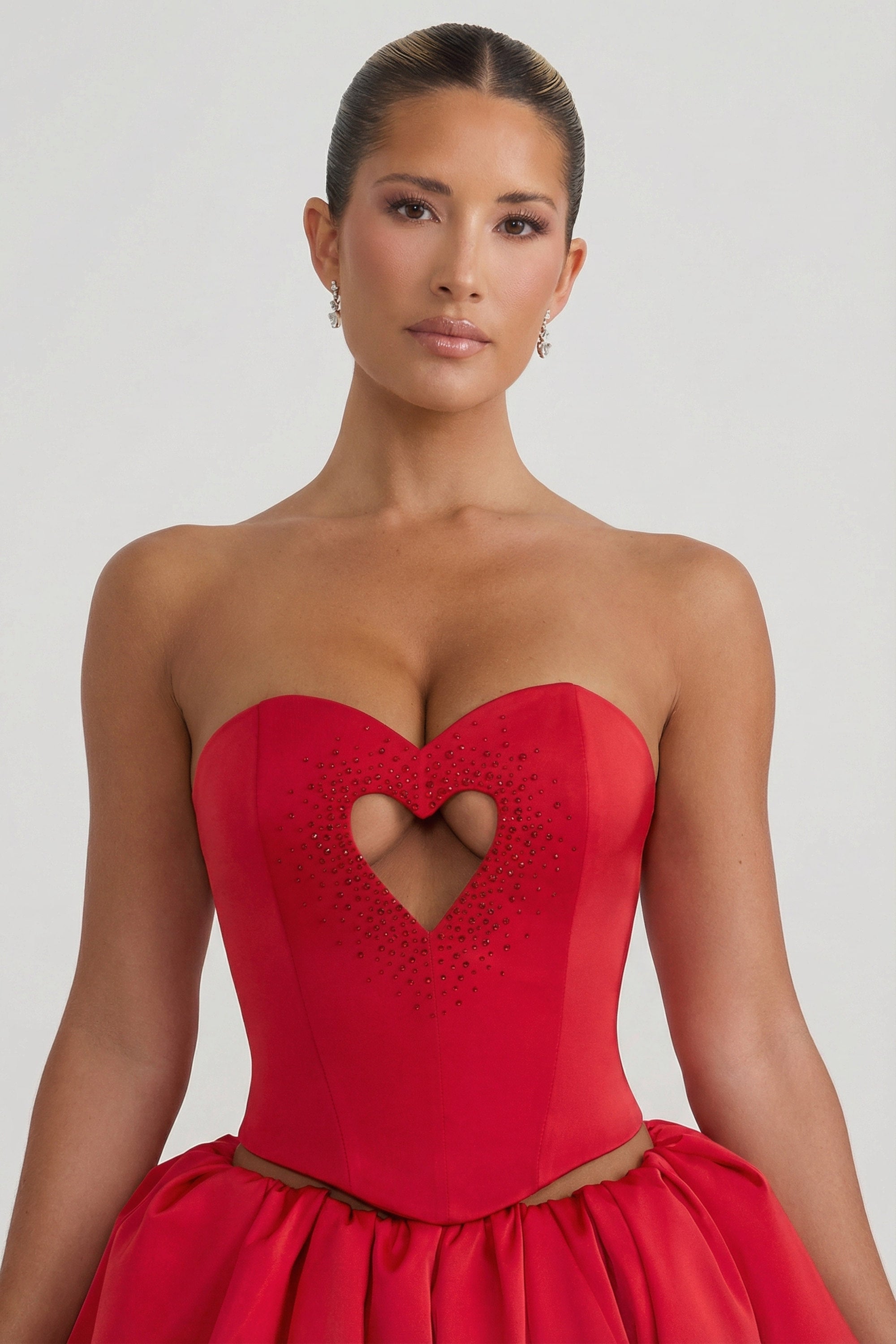 Embellished Heart Cut-Out Strapless Corset Top in Red