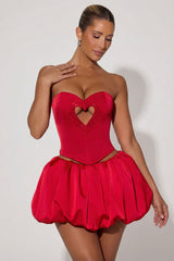 Embellished Heart Cut-Out Strapless Corset Top in Red