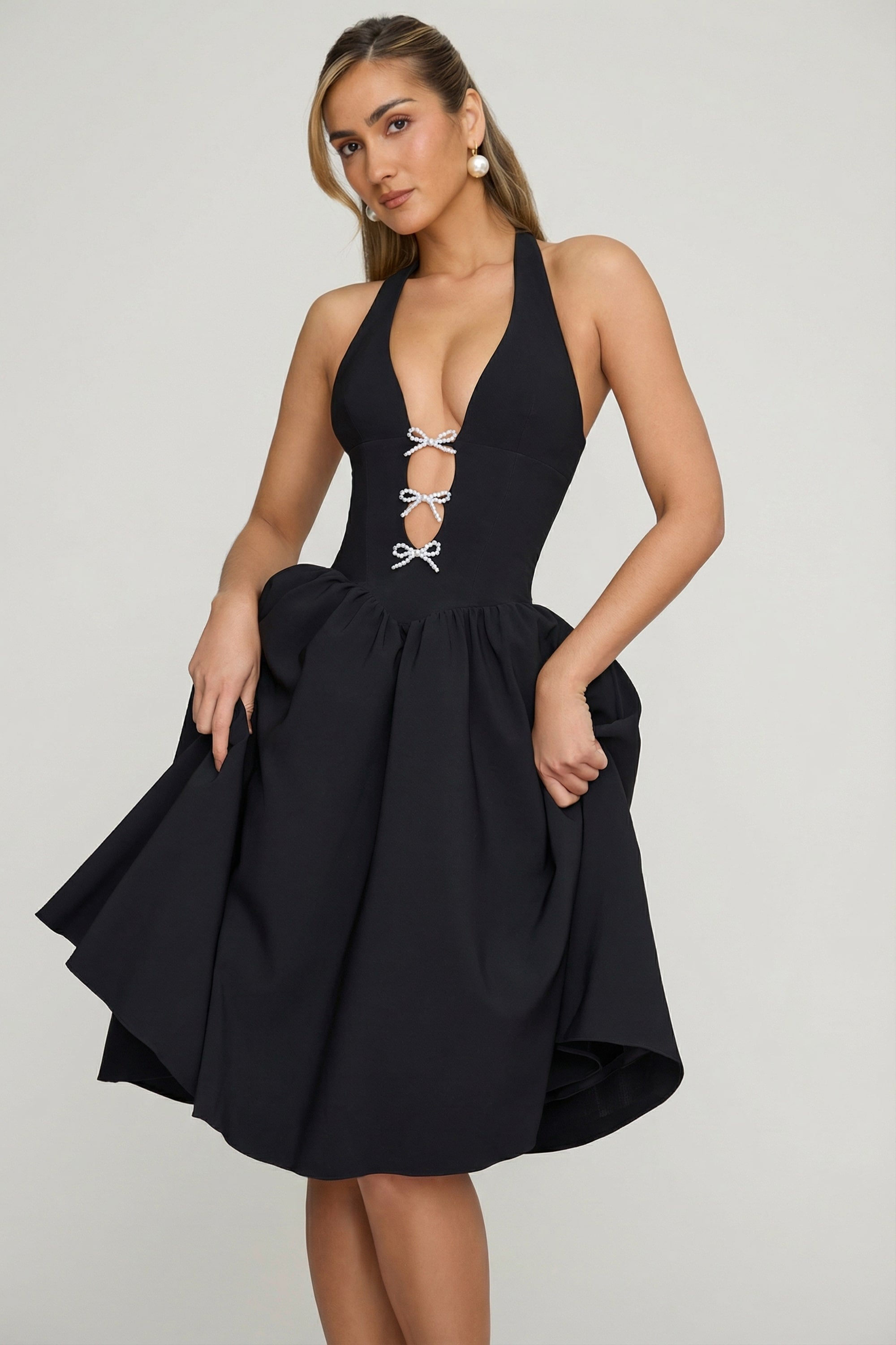 Halterneck Bow-Detail Midi Dress in Black