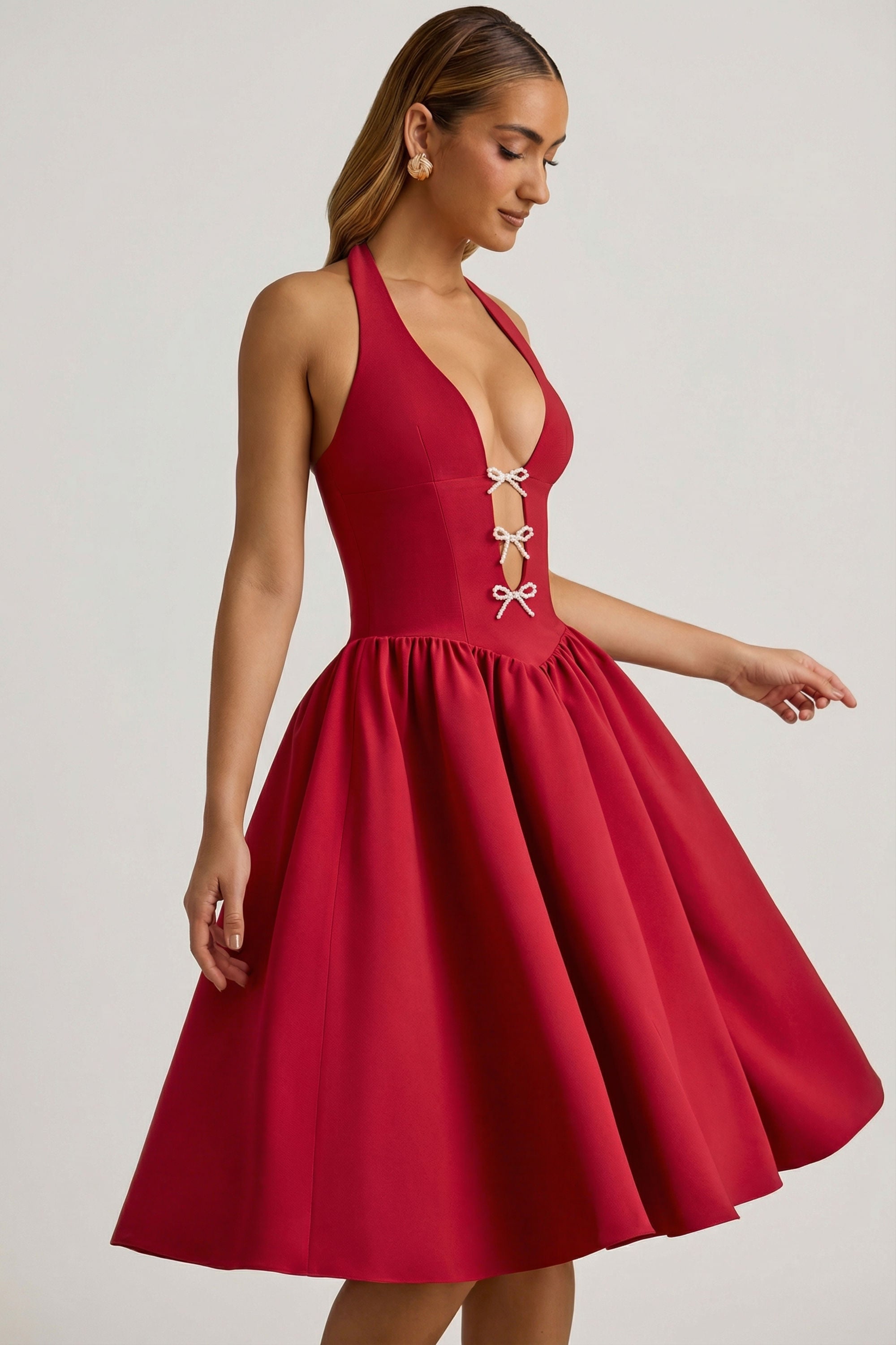 Halterneck Bow-Detail Midi Dress in True Red
