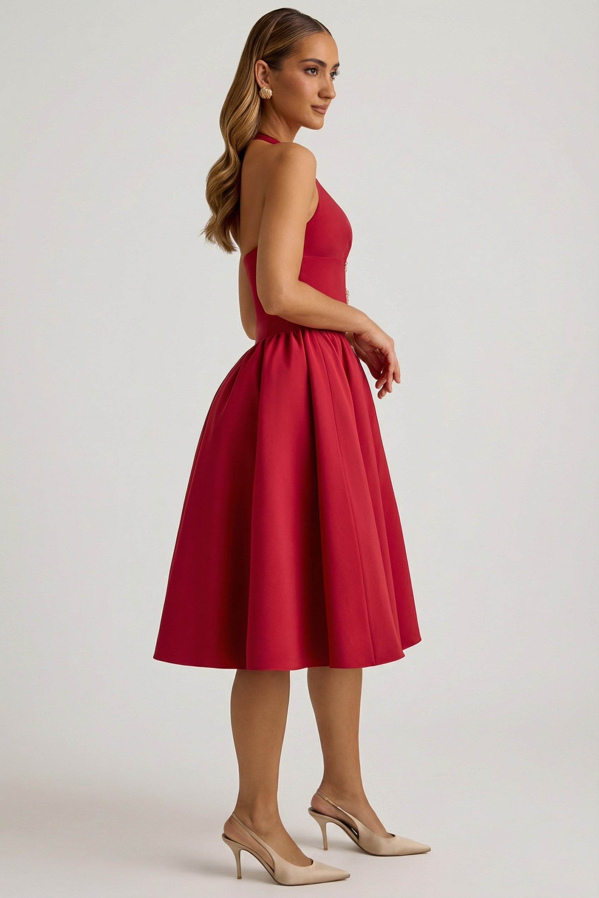 Halterneck Bow-Detail Midi Dress in True Red