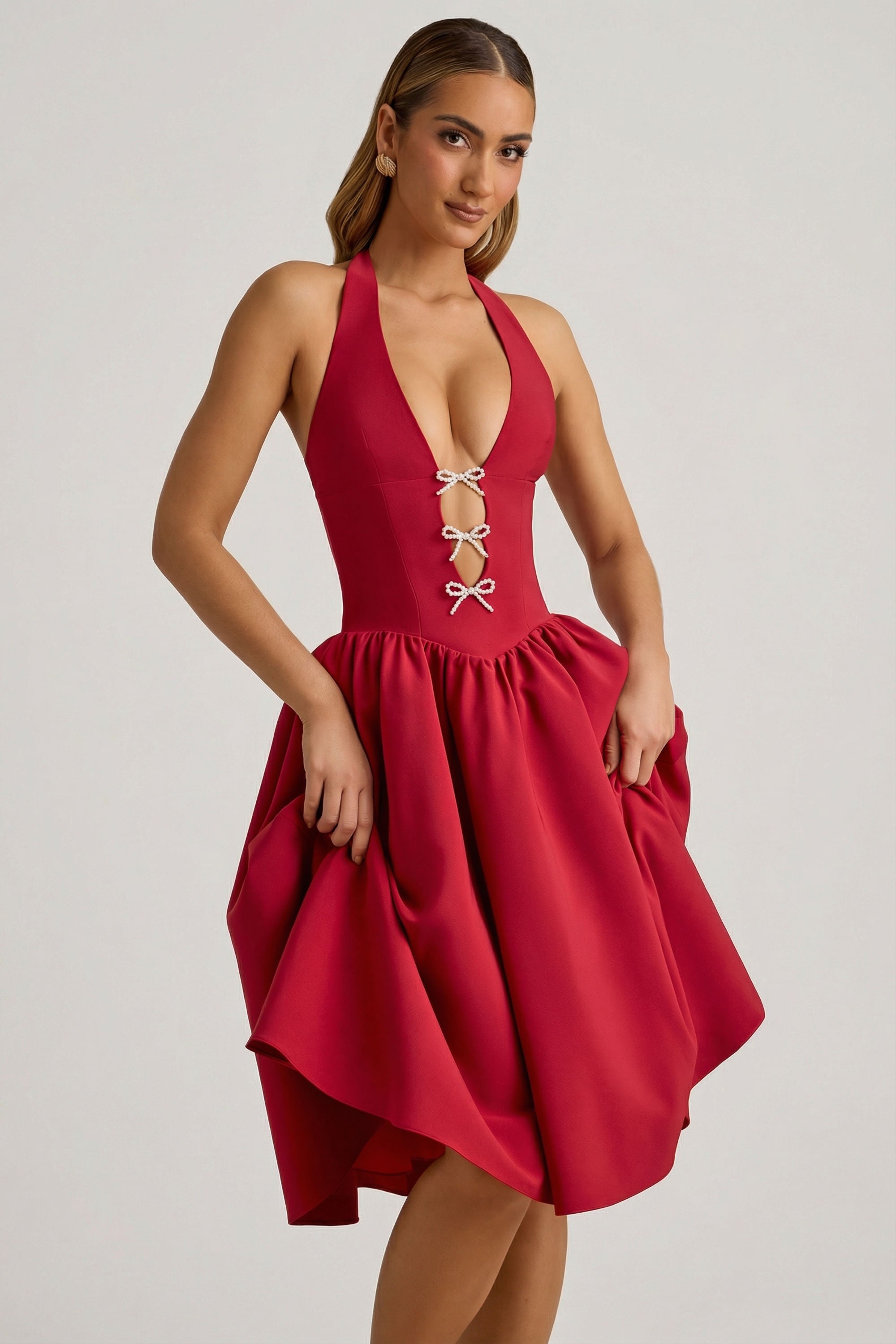 Halterneck Bow-Detail Midi Dress in True Red