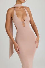 Scarf-Detail Cut-Out Halterneck Maxi Dress in Warm Peach