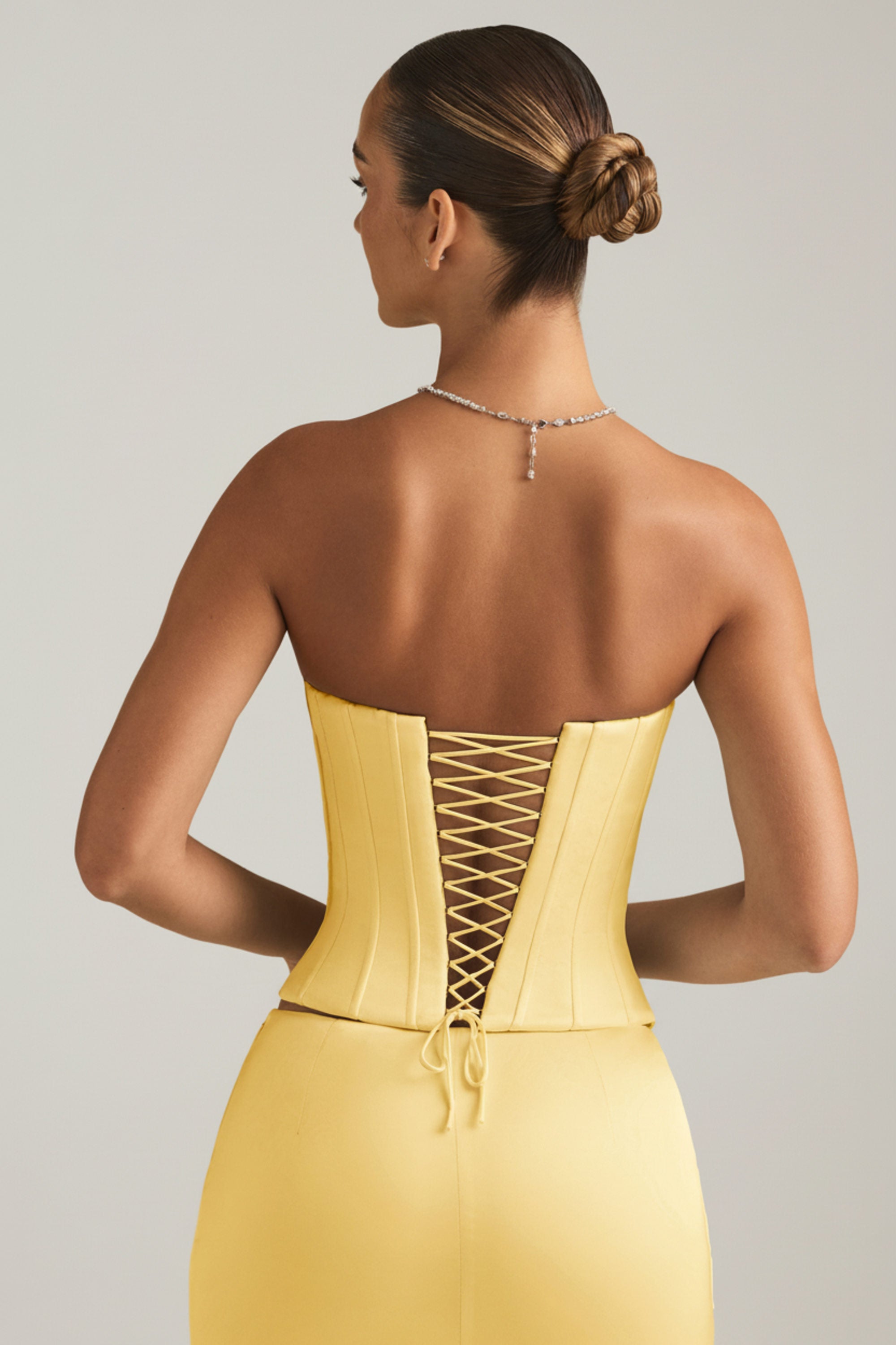 Satin Lace-Up Corset Top in Pastel Yellow
