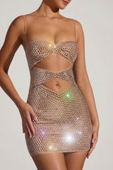 Embellished Cut-Out Mini Dress in Almond