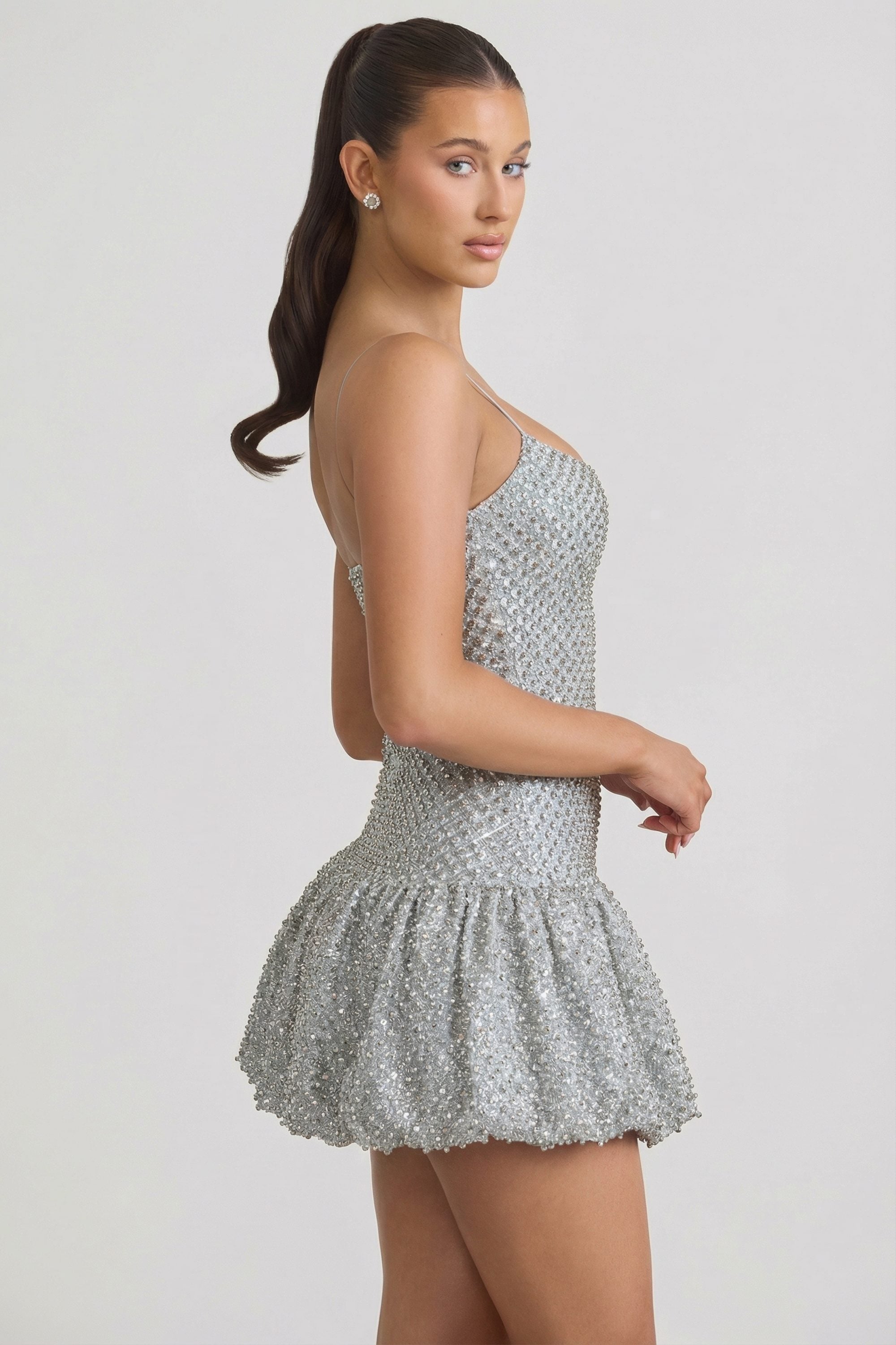 Embellished Bubble Hem Mini Dress in Silver