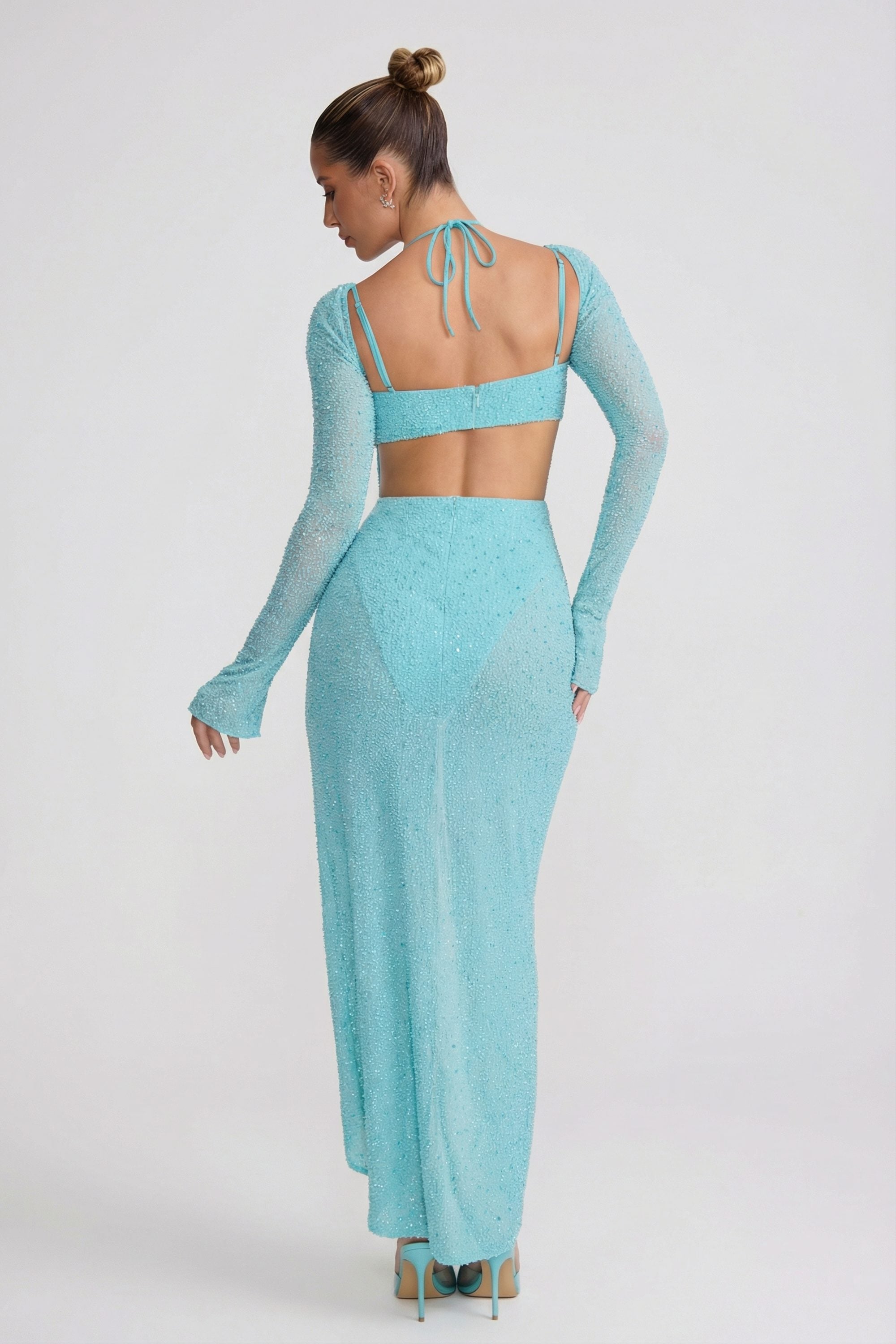Embellished Cowl Neck Maxi Dress in Aquamarine