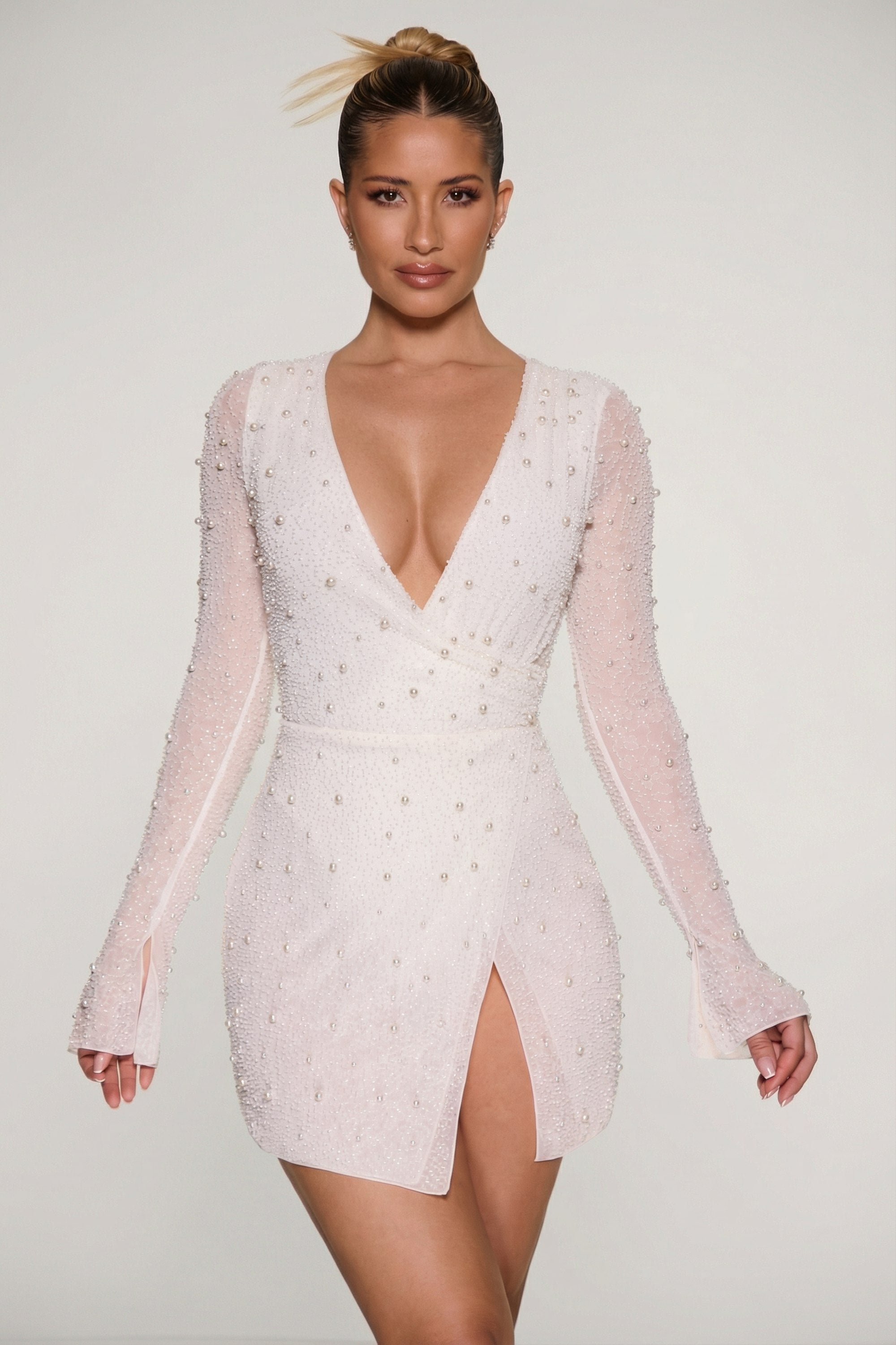 Embellished Wrap Over A-Line Mini Dress in Ivory