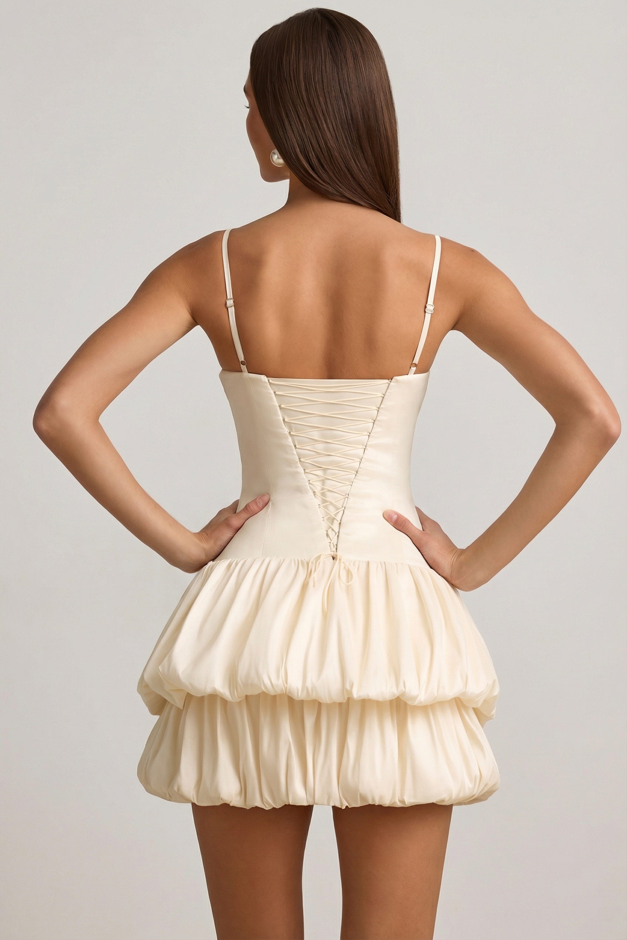 Satin Bubble Hem Corset Mini Dress in Ivory
