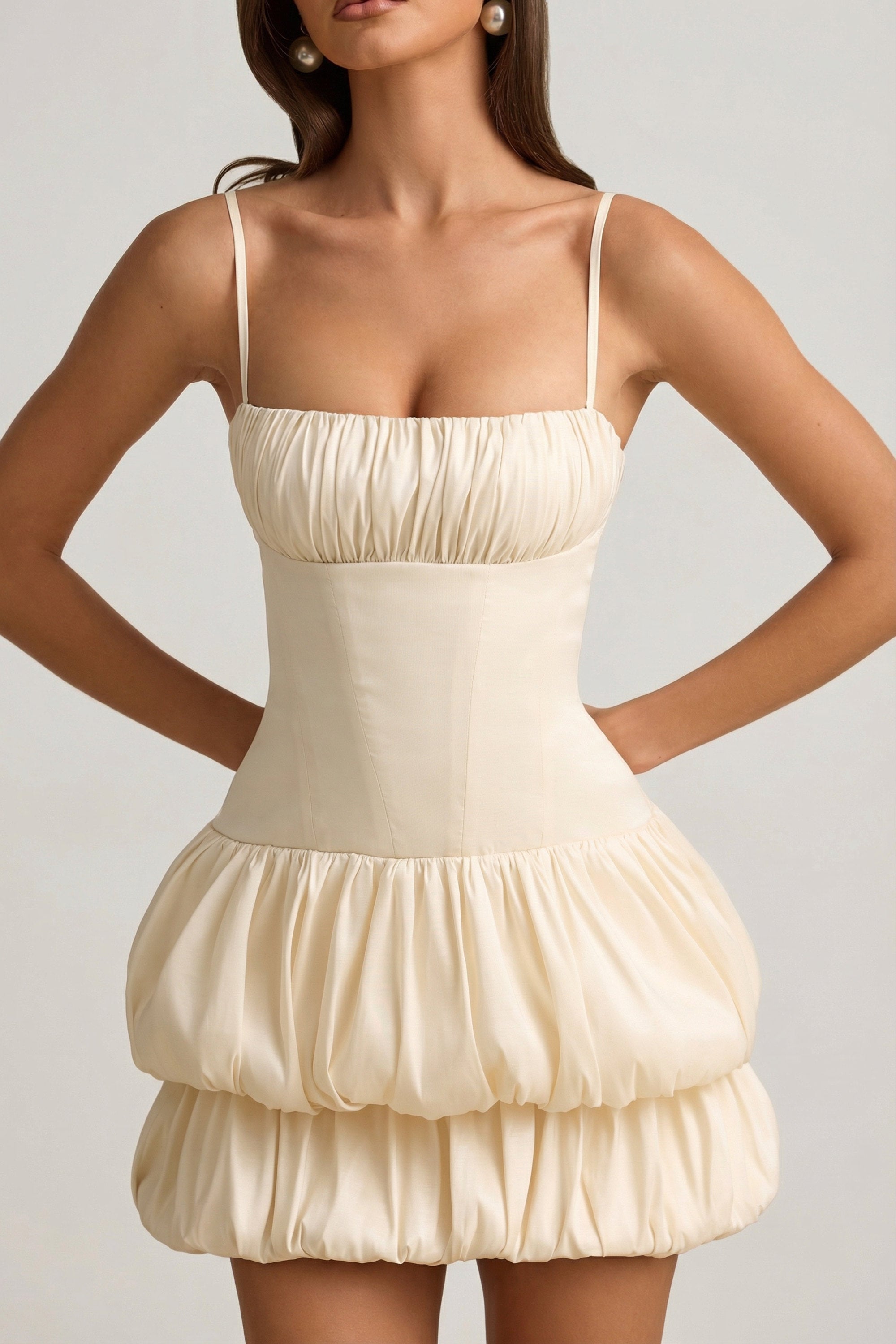Satin Bubble Hem Corset Mini Dress in Ivory
