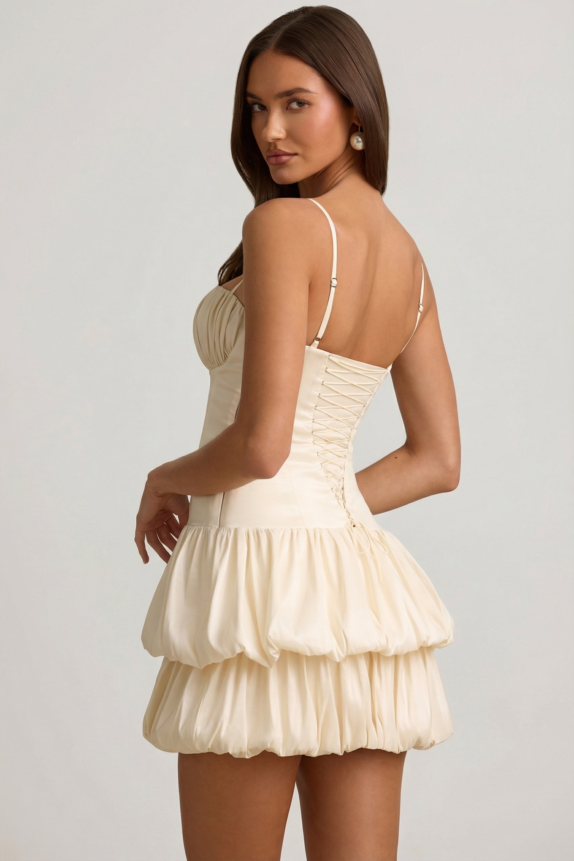 Satin Bubble Hem Corset Mini Dress in Ivory