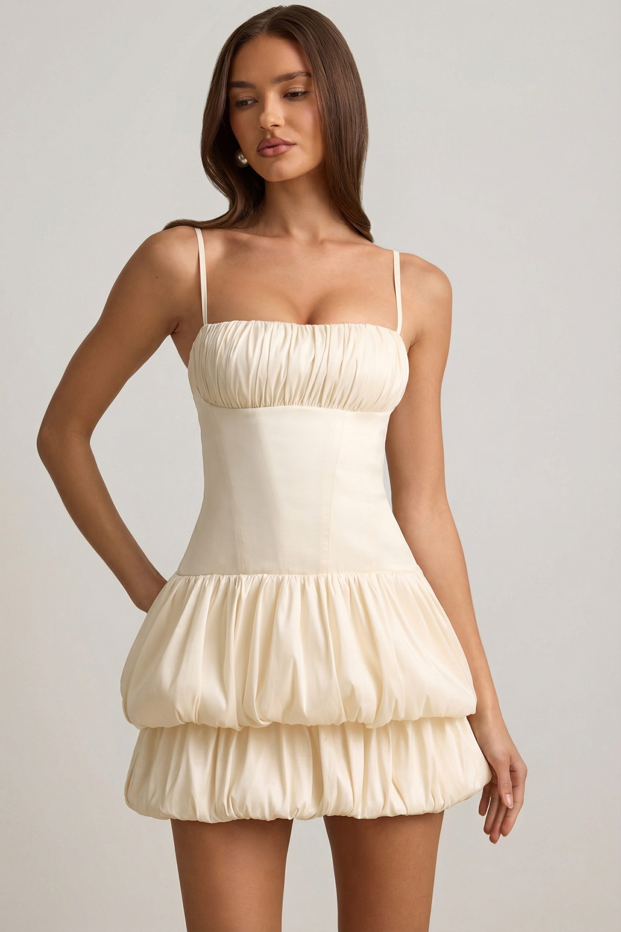 Satin Bubble Hem Corset Mini Dress in Ivory