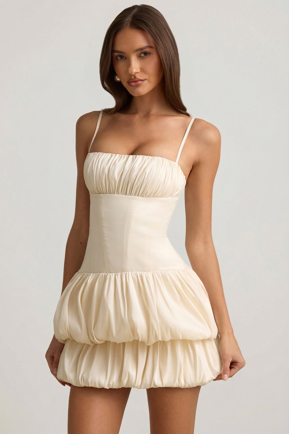 Satin Bubble Hem Corset Mini Dress in Ivory