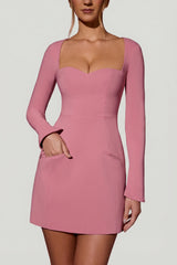Sweetheart-Neck Long-Sleeve A-Line Mini Dress in Dusty Pink