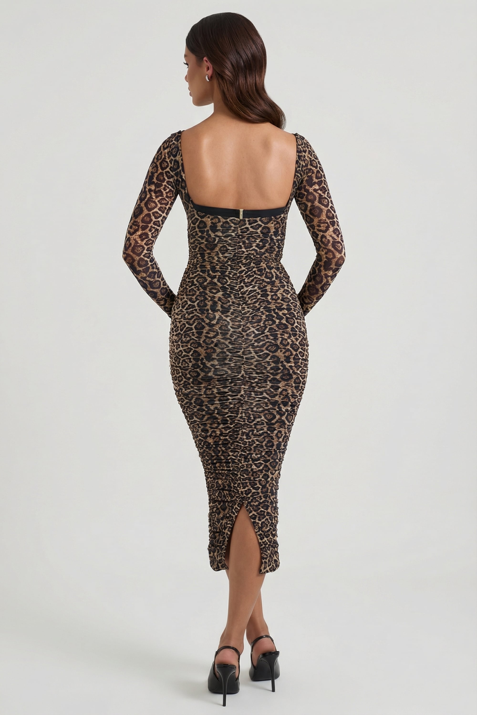 Layered Bra-Detail Ruched Midaxi Dress in Leopard Print
