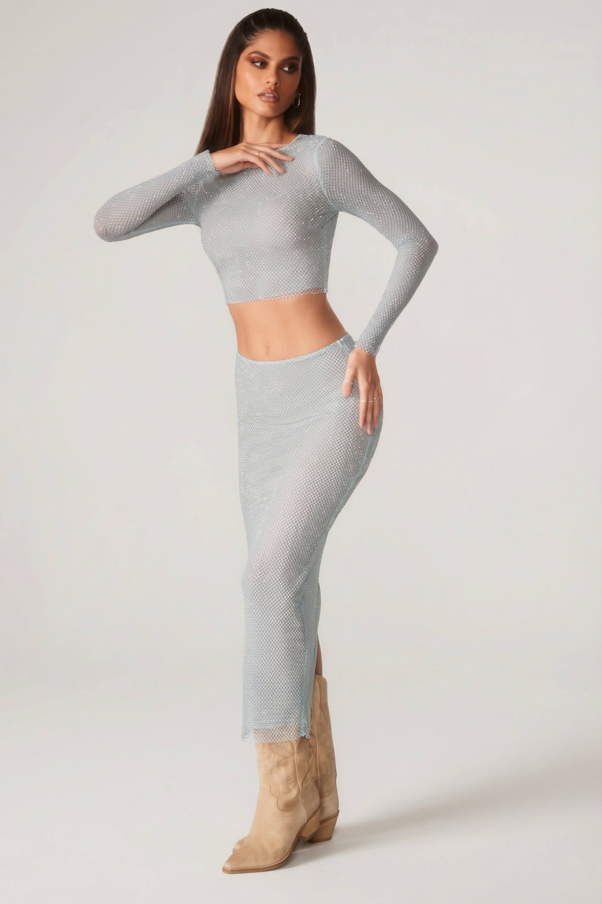 Embellished Long Sleeve Top in Aqua