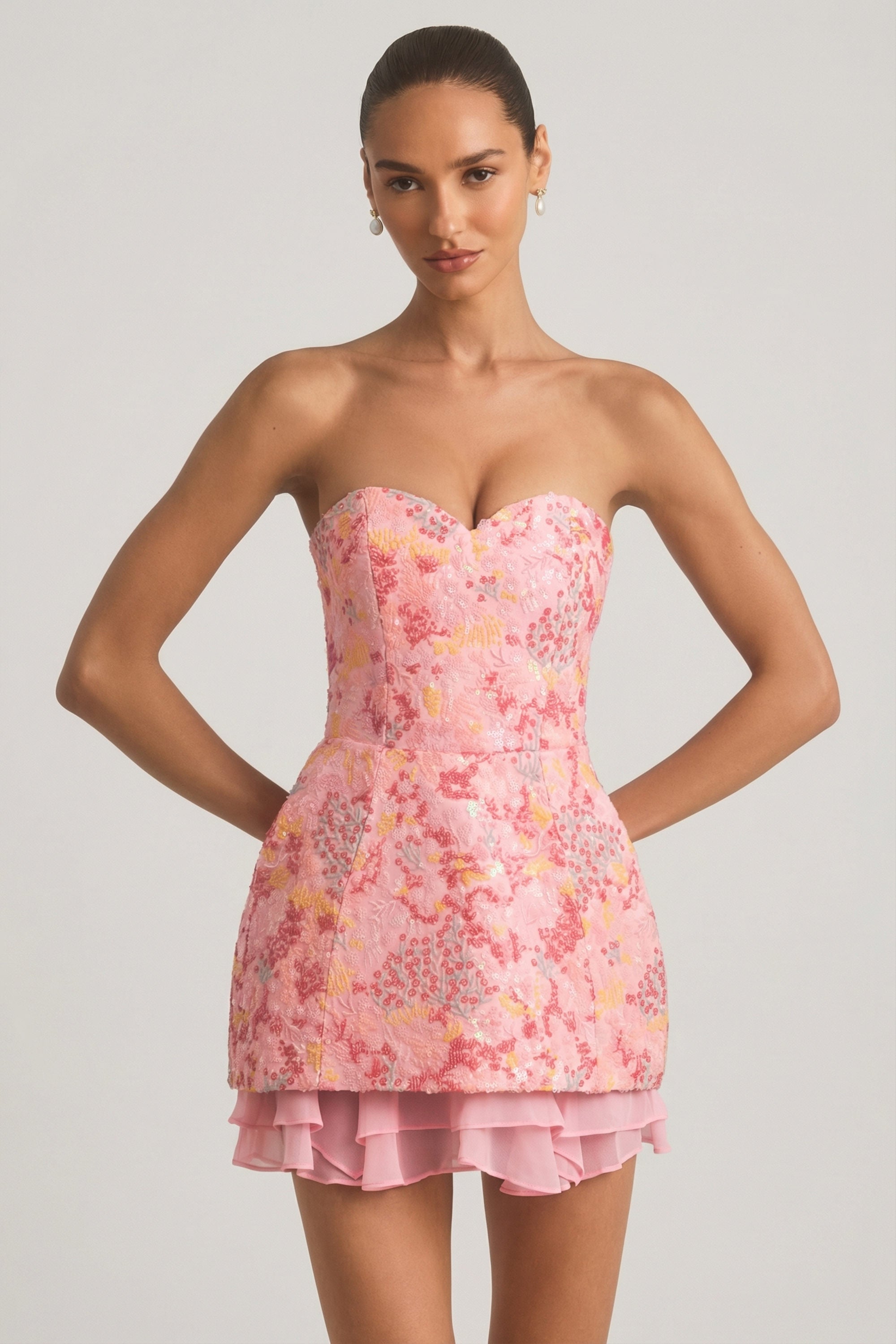 Embellished Strapless Corset Mini Dress in Pink