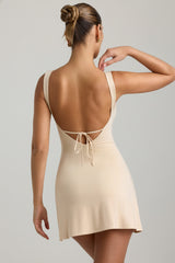 Slinky Jersey Ruched V-Back Mini Dress in Buttercream