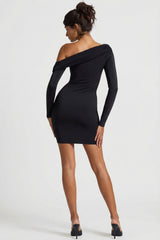 Off-Shoulder Ruched Mini Dress in Black