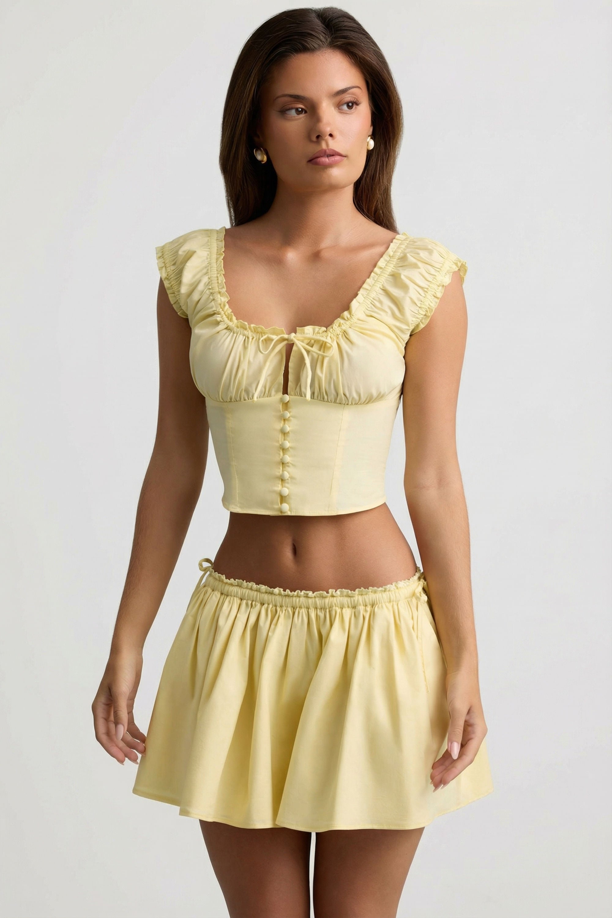 Ruched Cotton-Poplin Mini Skirt in Lemon Yellow