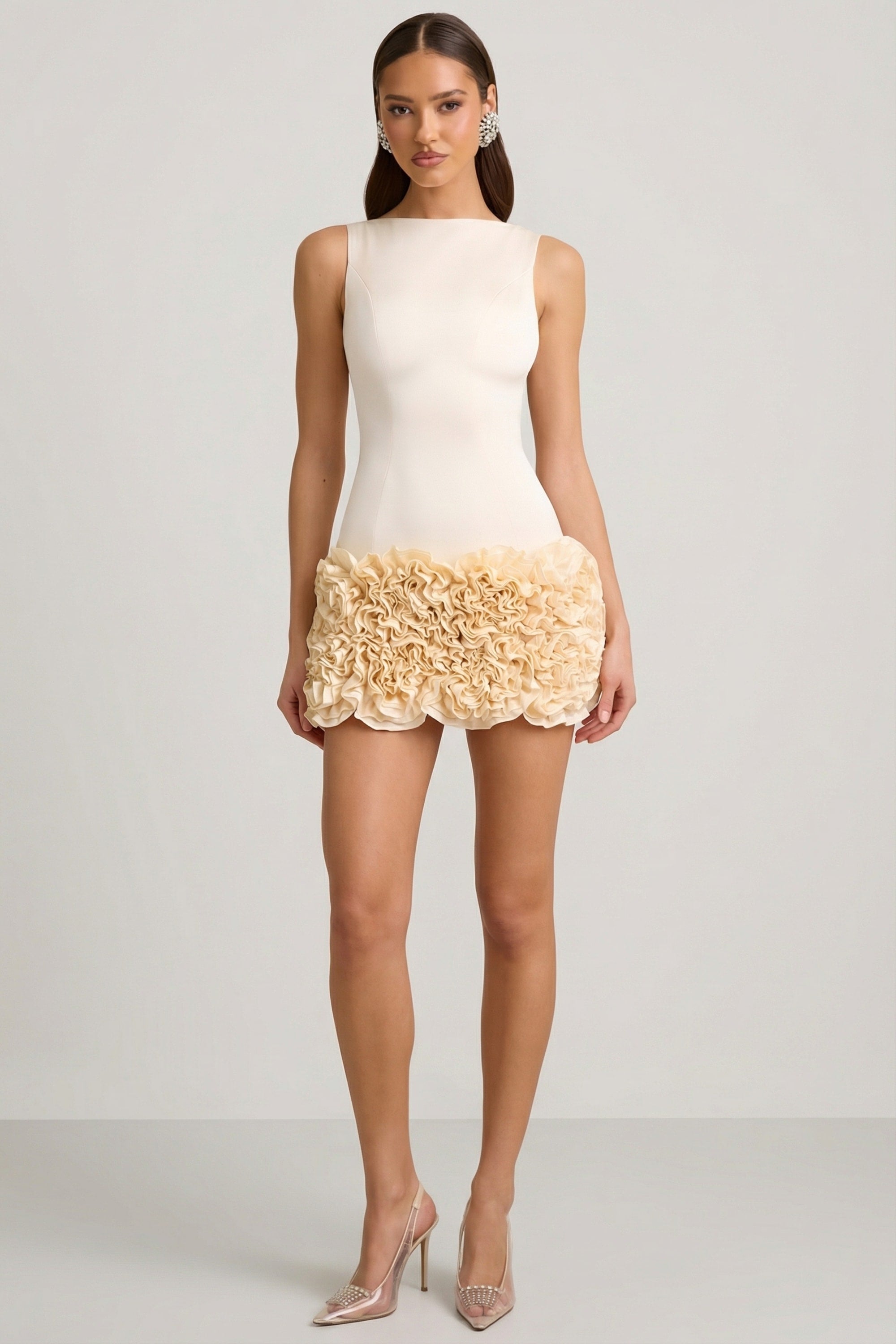 Satin Floral Appliqué Open-Back Mini Dress in Ivory