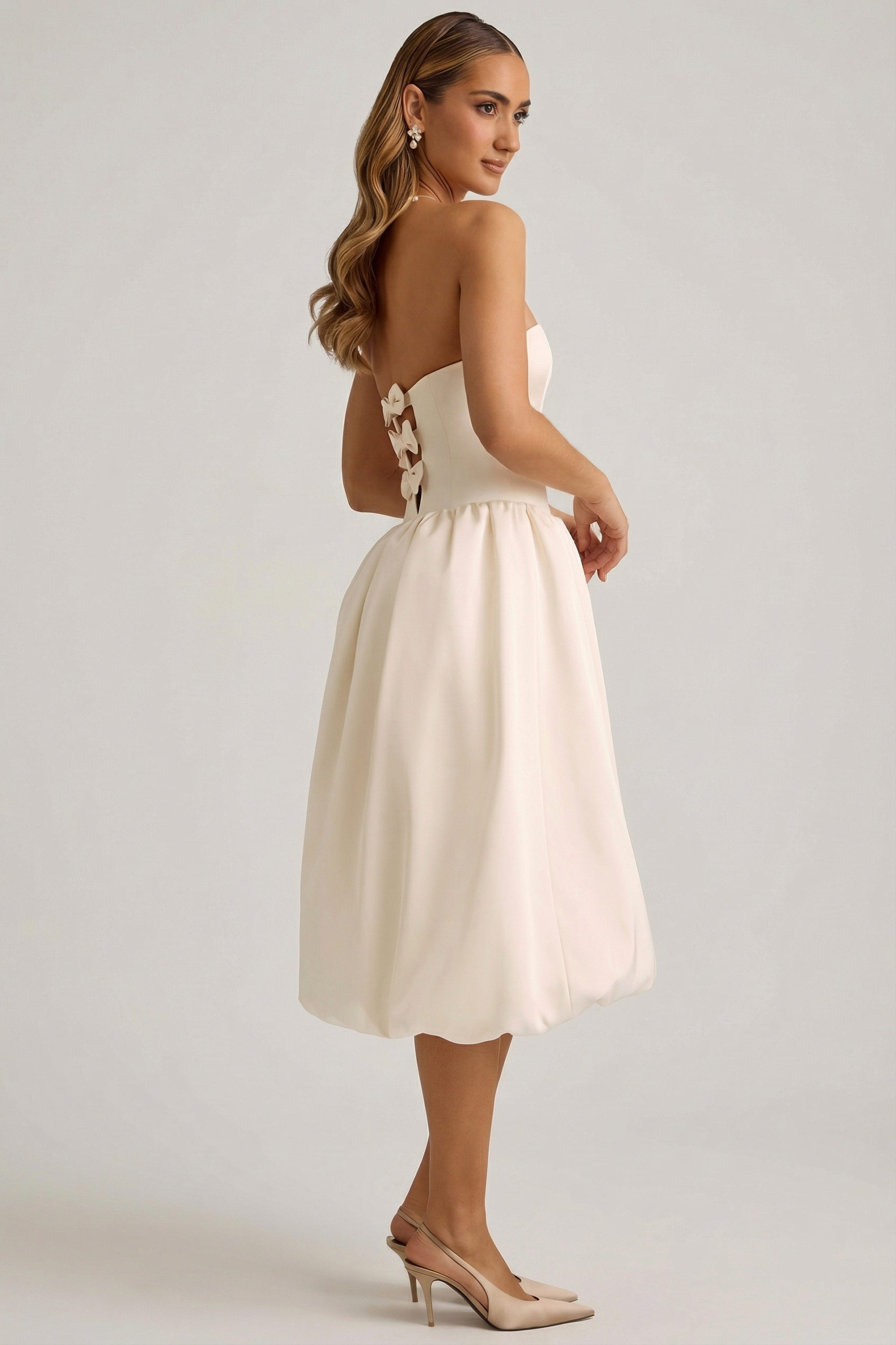 Convertible Bow-Detail Bubble Hem Midaxi Dress in Ivory