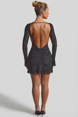 Embellished Open-Back A-Line Mini Dress in Black
