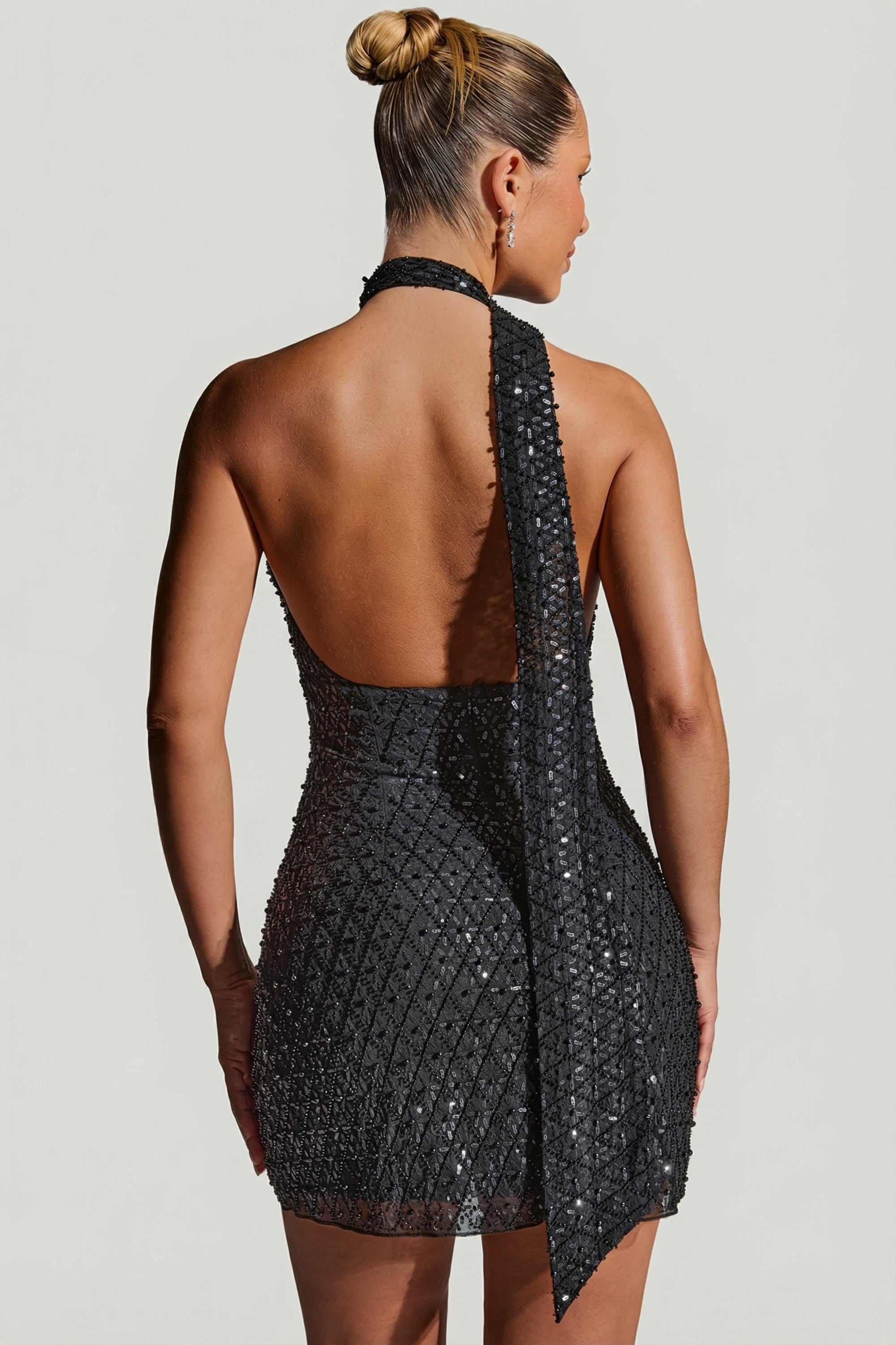 Embellished Scarf-Detail Halterneck Mini Dress in Black
