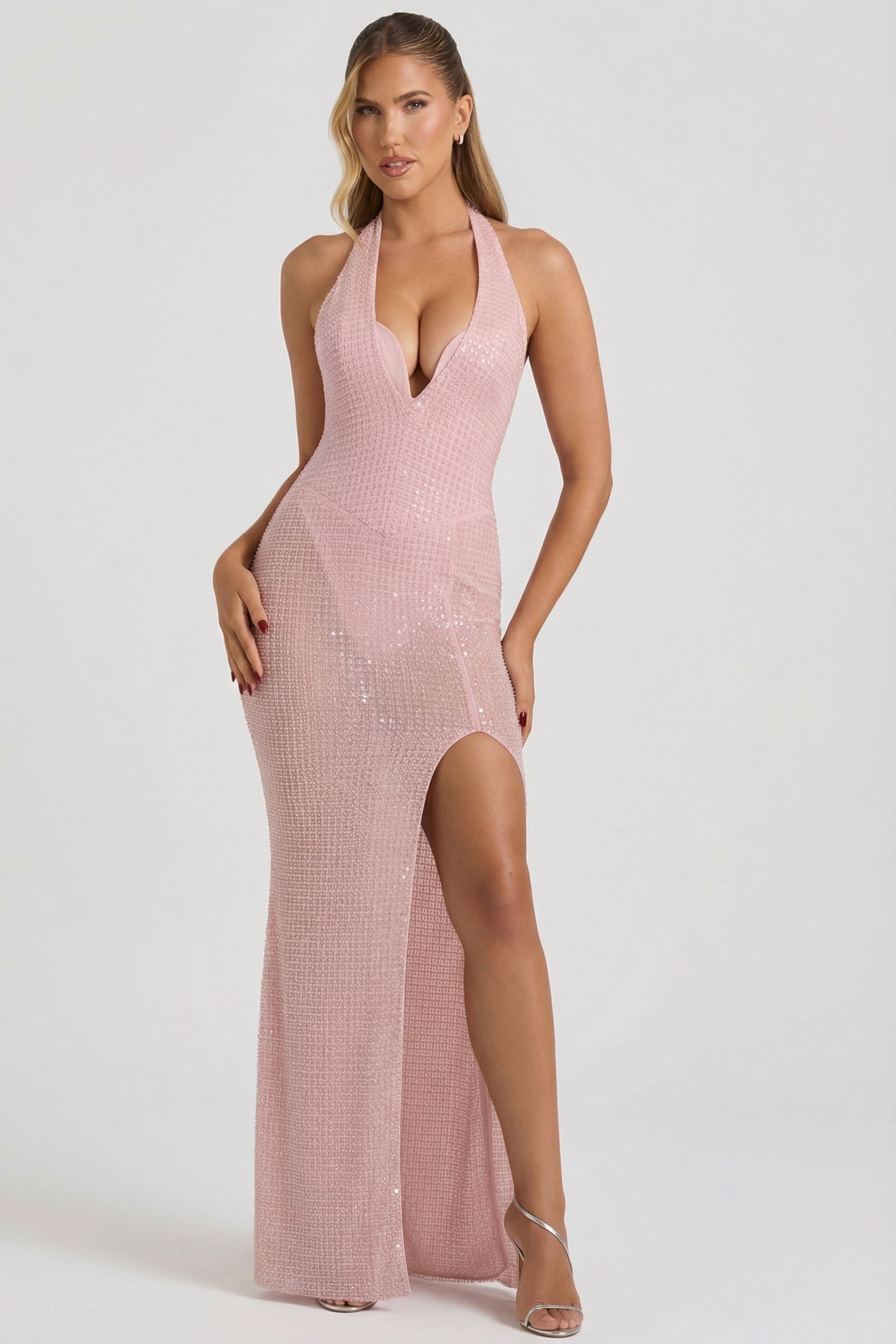 Embellished Halterneck Corset Gown in Lavender Pink