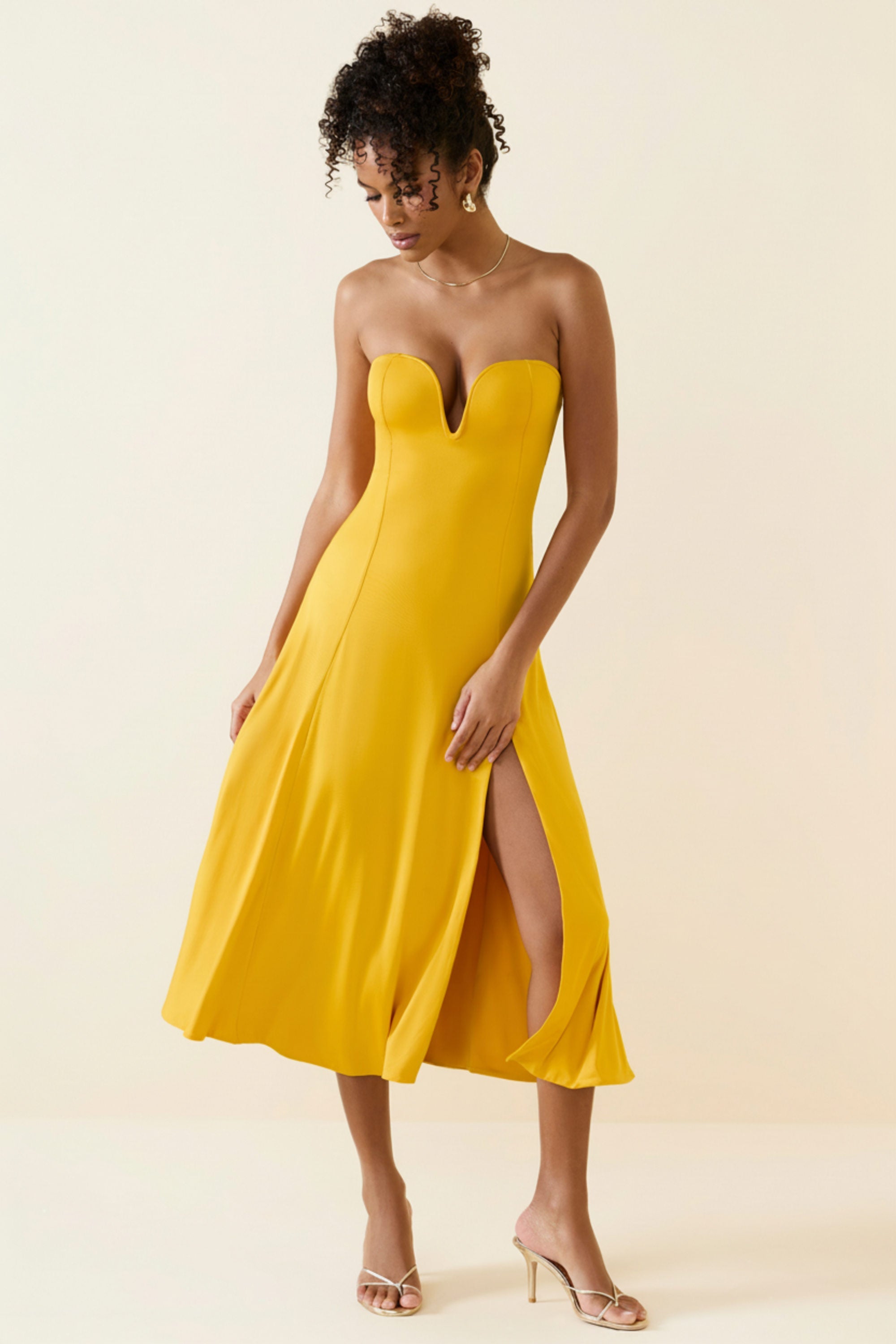 Slinky Jersey Strapless A-Line Midaxi Dress in Golden Yellow