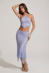 Embellished Handkerchief Hem Midaxi Skirt in Blue