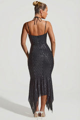 Embellished Cut-Out Asymmetric Midaxi Dress in Black
