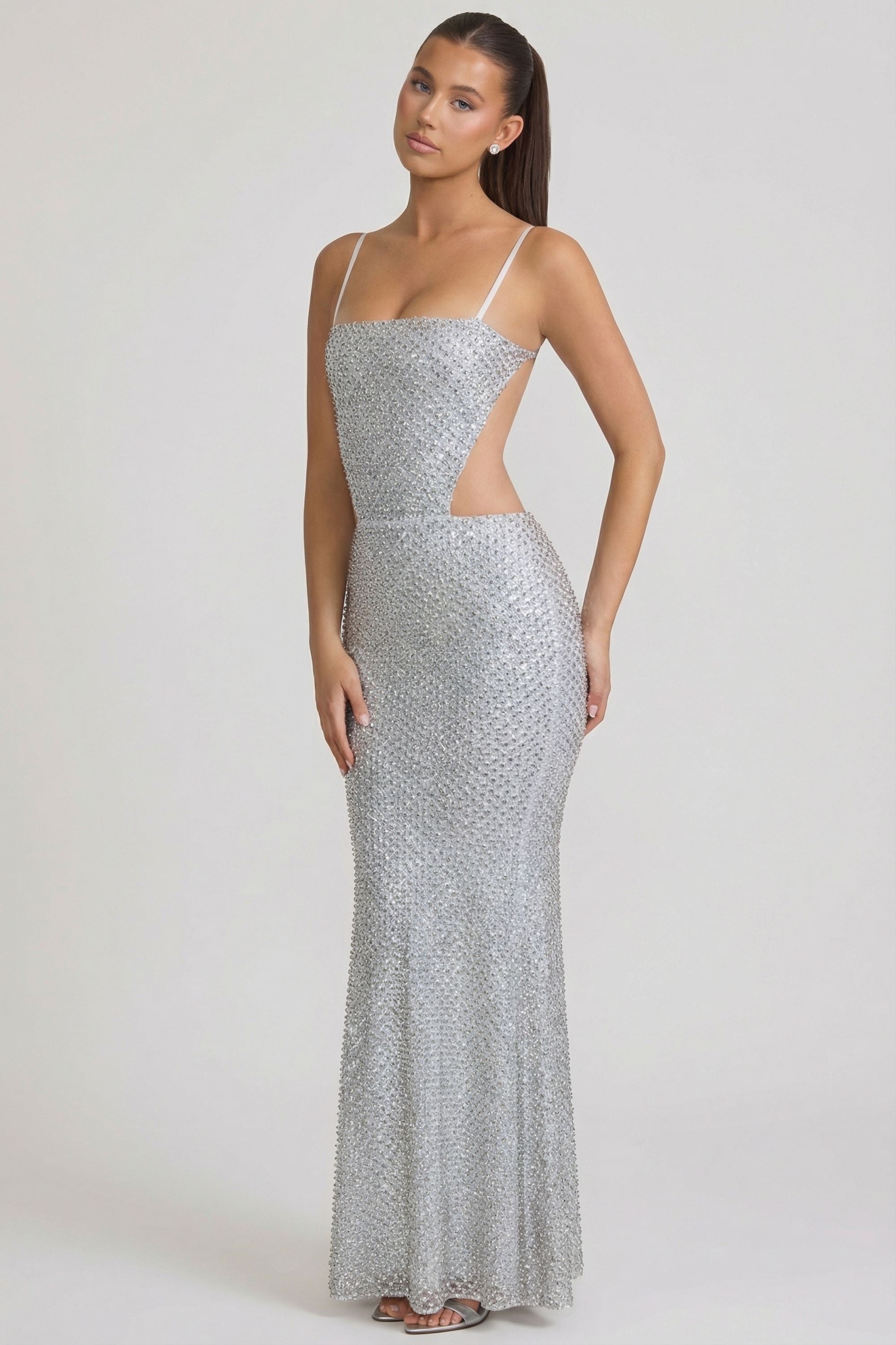 Embellished Cut-Out Gown in Silver