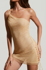 Embellished Asymmetric Ultra Mini Dress in Gold