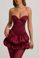 Satin Bubble Hem Corset Mini Dress in Wine Red
