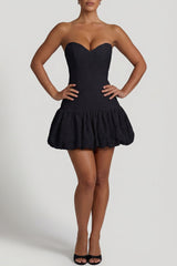 Cut-Out Bubble Hem Corset Mini Dress in Black