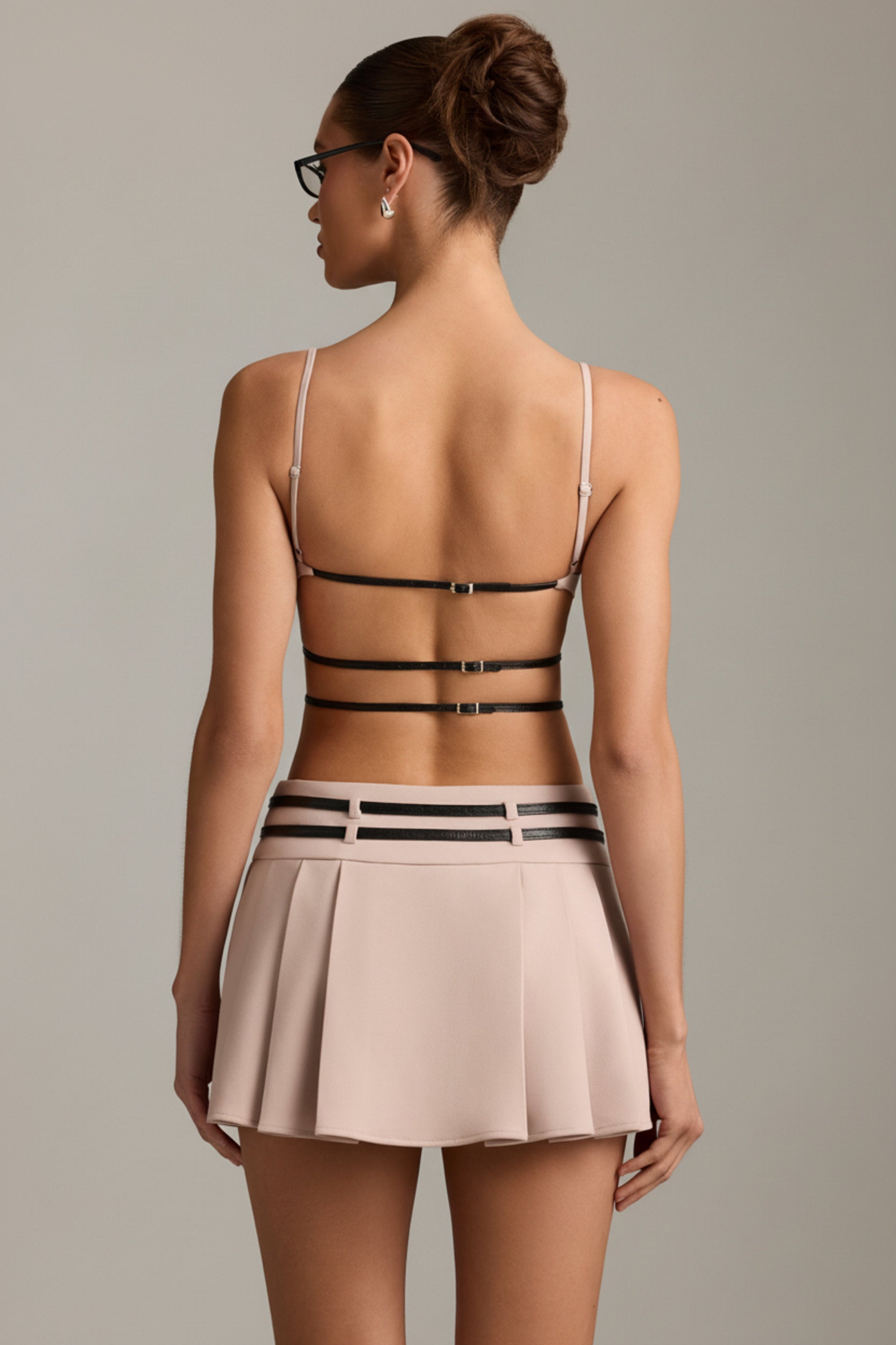 Belted Backless Pleated Mini Dress in Mushroom