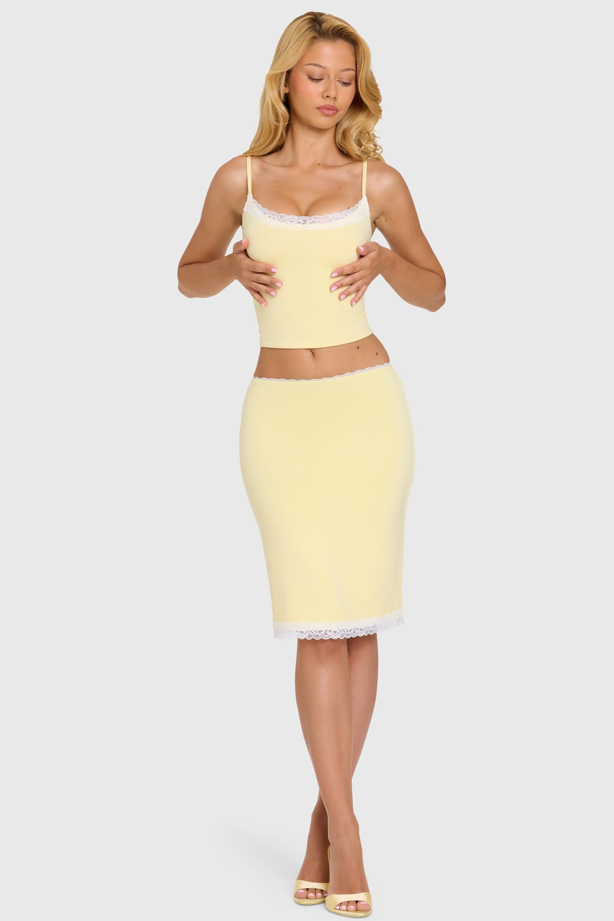 Modal Lace-Trim Midi Skirt in Butter
