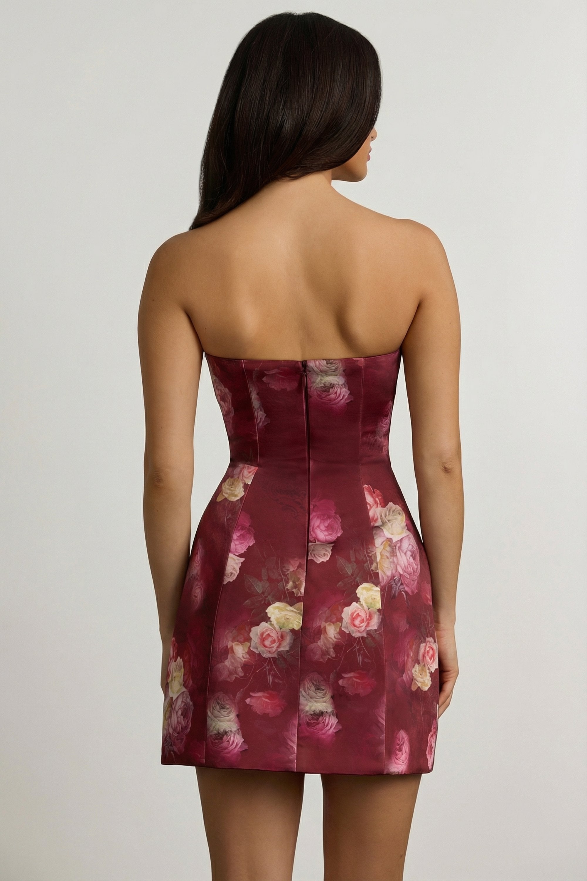 Strapless Structured Tulip Mini Dress in Maroon Floral Print